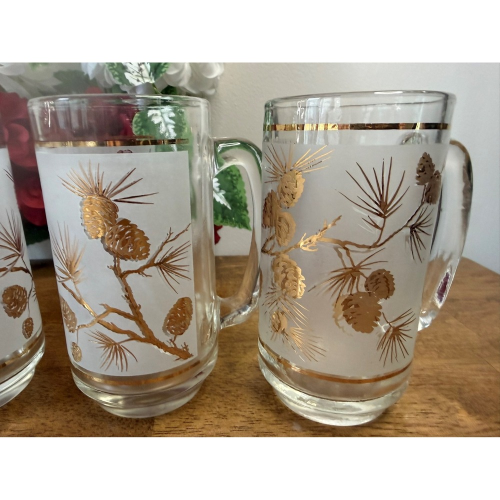 Vintage Libbey Pine Cone Frosted Gold Leaf Beer Mugs MCM Holiday‎ Barware Retro - Picture 3 of 5
